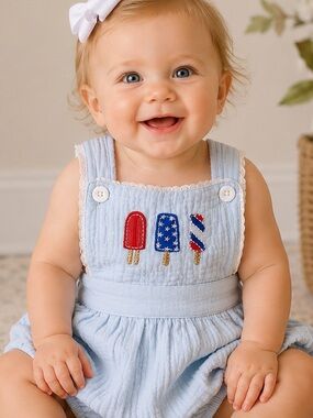 Kids Light Blue Embroidered Bubble Romper